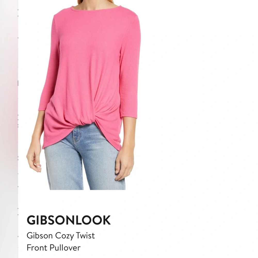 Gibson Cozy Twist Front Pullover in lipstick pink, X-Large